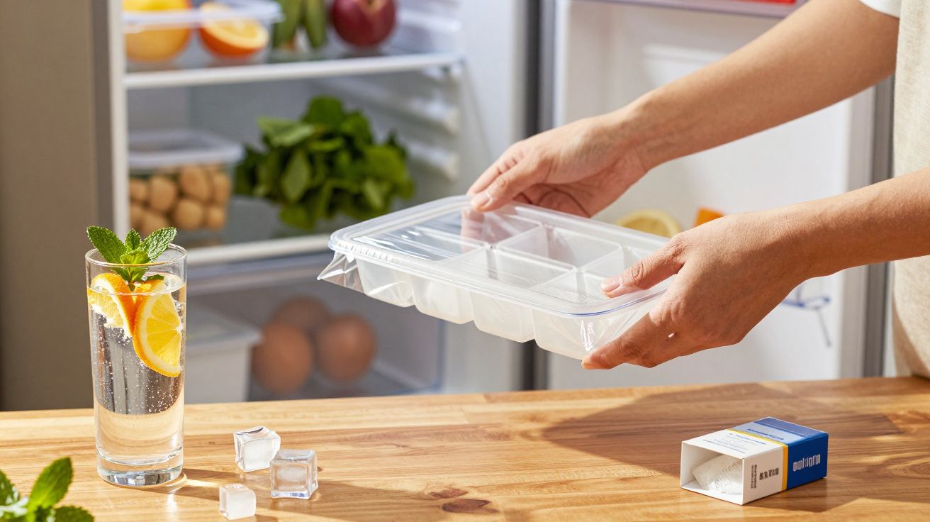 Osoba trzyma tackę na kostki lodu, na stole szklanka z napojem i lodem, w tle otwarta lodówka z warzywami.