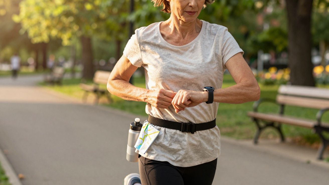 Kobieta biegnie w parku, sprawdzając zegarek sportowy.