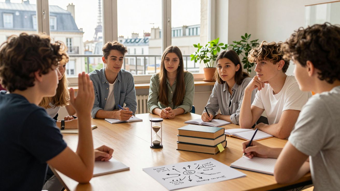 Siedem osób dyskutuje przy stole w otwartym biurze z notatkami, klepsydrą i stosem książek.
