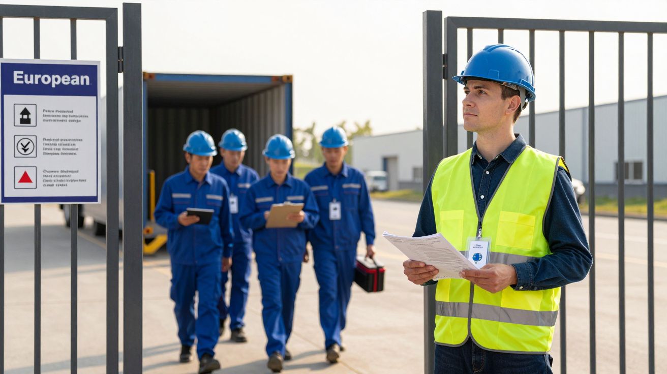 Pracownik w kasku i kamizelce odblaskowej trzyma dokumenty, podczas gdy inni pracownicy w kombinezonach wchodzą na teren.