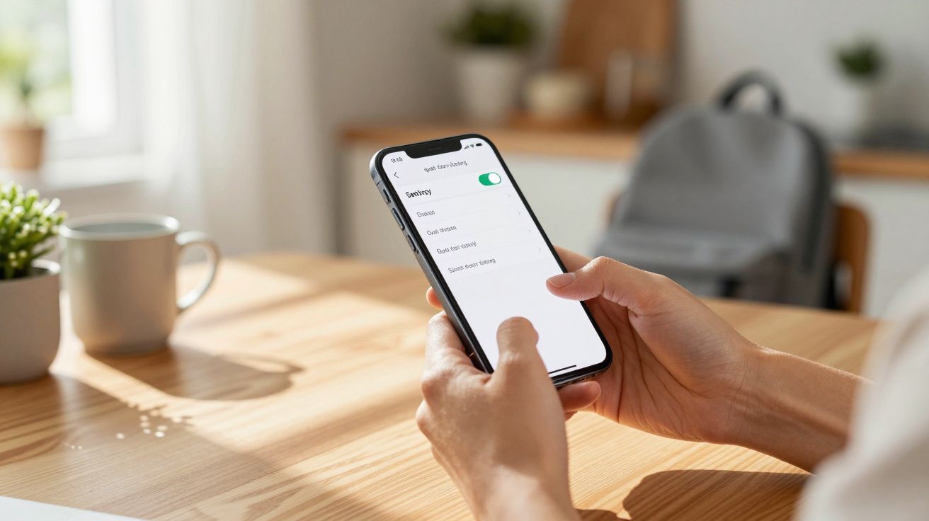 Osoba trzymająca smartfon z aplikacją na ekranie, siedząca przy drewnianym stole z kubkiem i plecakiem w tle.