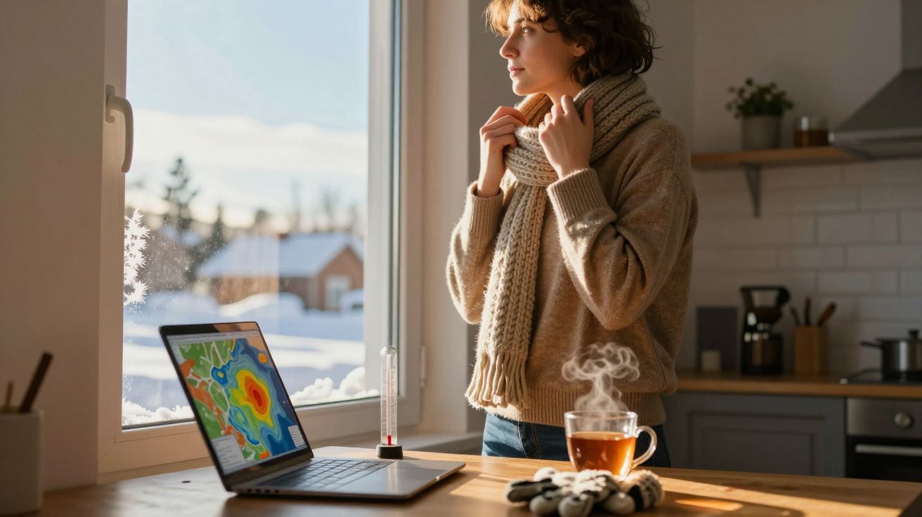 Kobieta w szaliku patrzy przez okno, obok laptop z mapą pogodową i kubek z parującą herbatą na stole w kuchni.
