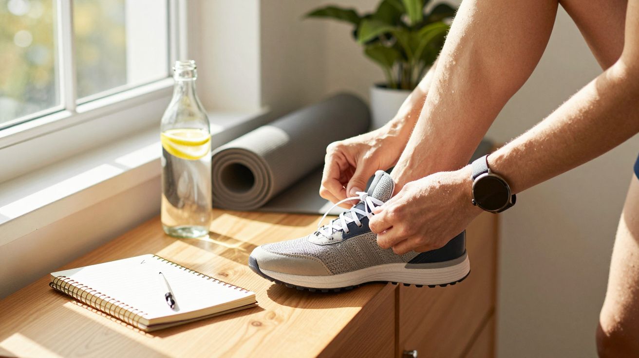 Osoba wiąże but sportowy obok butelki z wodą i notesu na drewnianym blacie przy oknie.