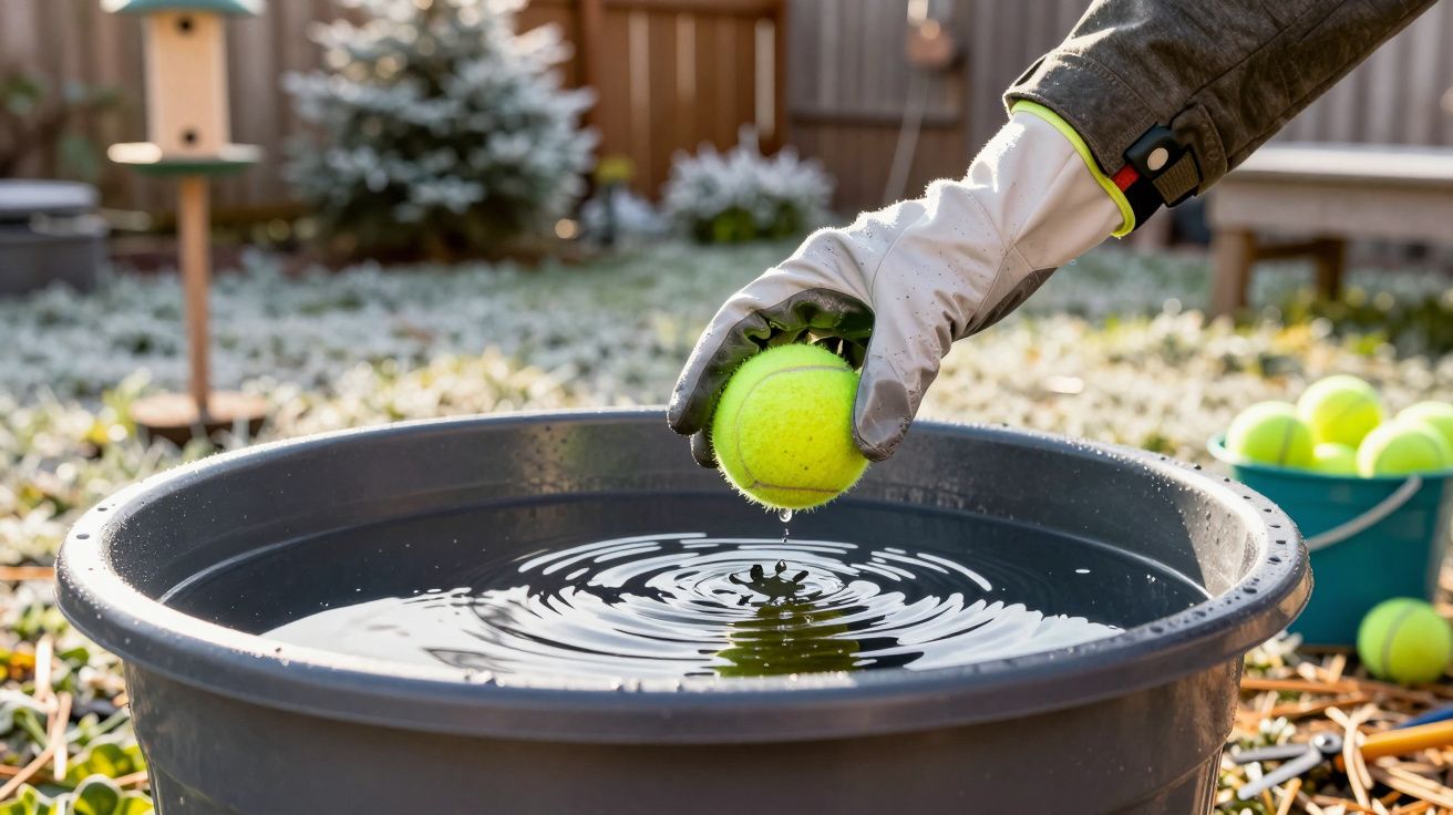 Ręka w rękawicy trzyma piłkę tenisową nad misą wody w ogrodzie.