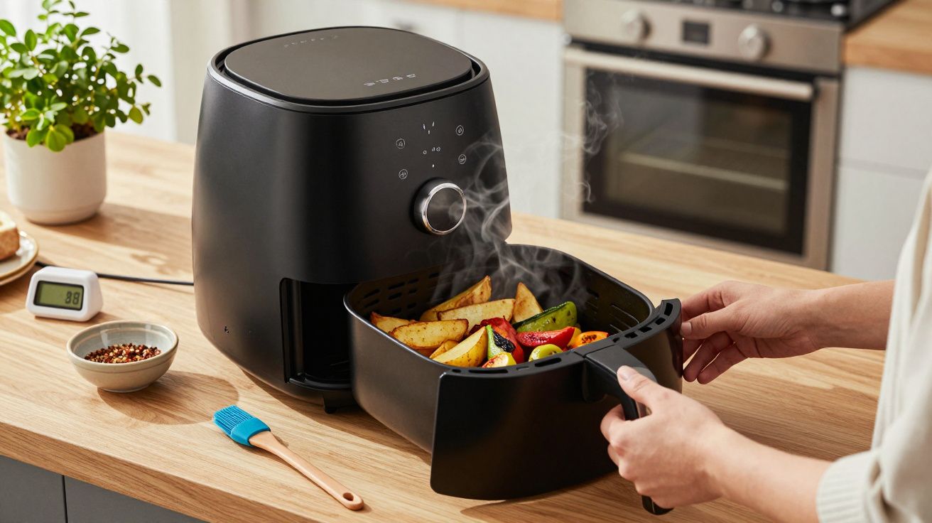 Osoba wyciąga kosz z frytkownicy beztłuszczowej z gorącymi warzywami w kuchni.