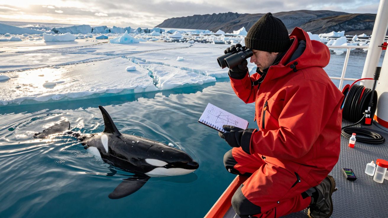 Człowiek w czerwonej kurtce obserwuje orkę w otoczeniu lodu, trzymając notes i lornetkę.