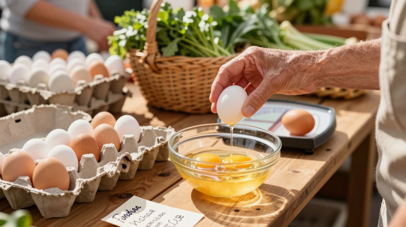 Osoba rozbija jajko do miski, obok stoją kartony z jajkami i koszyk z warzywami.