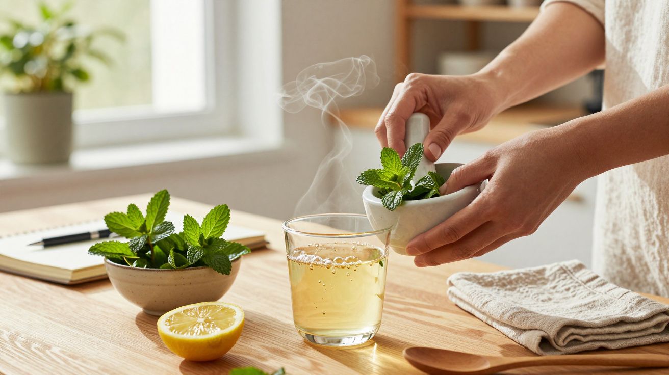 Osoba dodaje świeżą miętę do gorącej herbaty na drewnianym stole, obok talerzyk z cytryną.