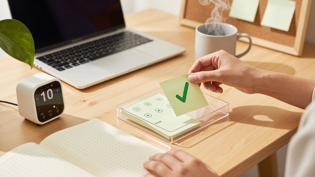 Osoba trzyma karteczkę z zielonym haczykiem przy biurku z laptopem, notatnikiem i filiżanką kawy.