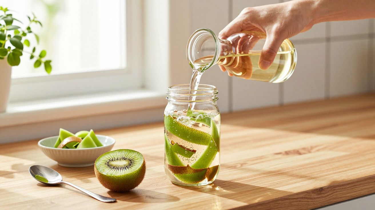 Ręka nalewa wodę do słoika z plasterkami kiwi i jabłka na drewnianym blacie w kuchni.