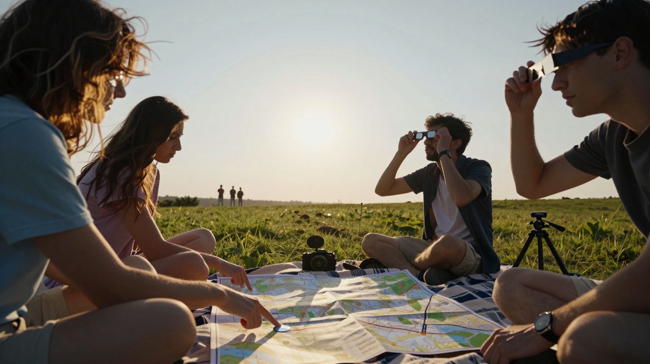 Cztery osoby siedzące na trawie, oglądające mapę i patrzące na zaćmienie słońca przez specjalne okulary ochronne.