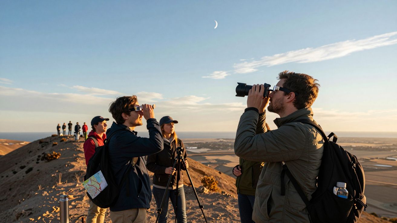 Grupa ludzi na wzgórzu ogląda przez lornetki krajobraz o zmierzchu, z księżycem na niebie.