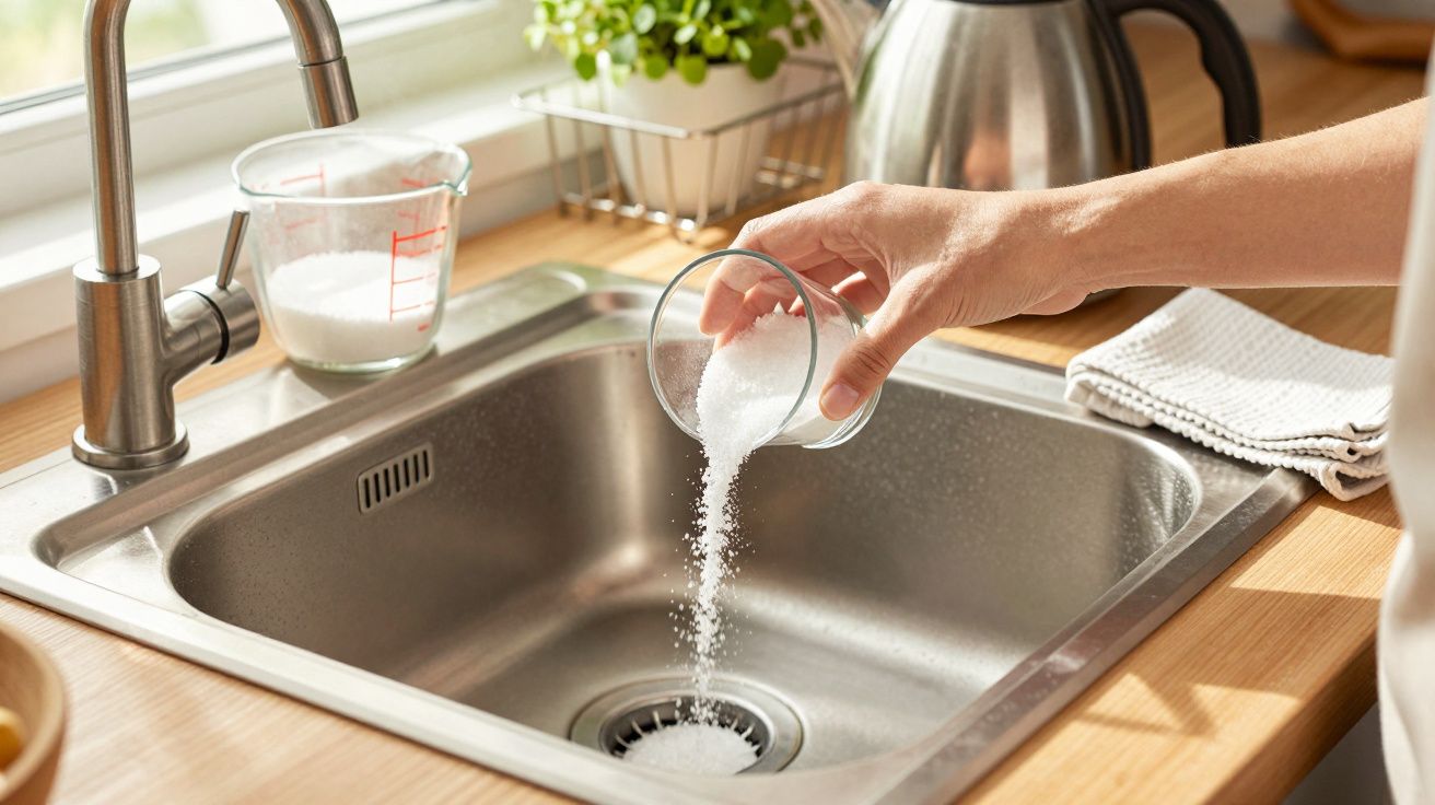 Osoba wsypująca sól do zlewu kuchennego, obok miarka z białym proszkiem.