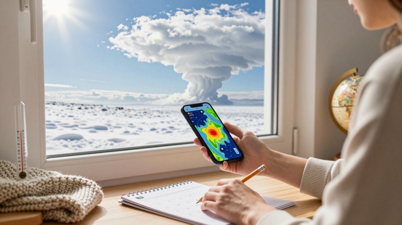Osoba przy biurku patrzy na ekran telefonu z prognozą pogody. Za oknem chmura kłębiasta na tle nieba.