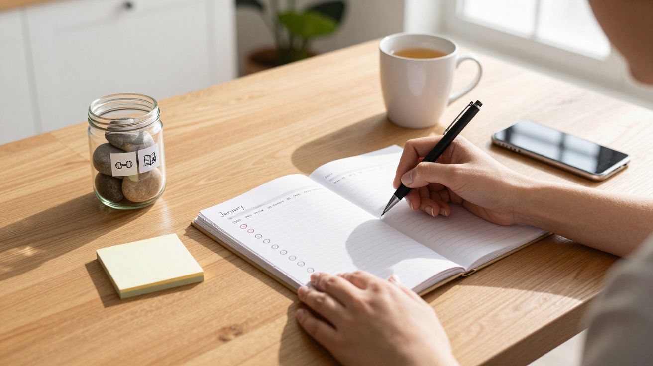 Osoba pisze w notatniku przy drewnianym stole, obok słoik z muszlami, filiżanka z herbatą i telefon.