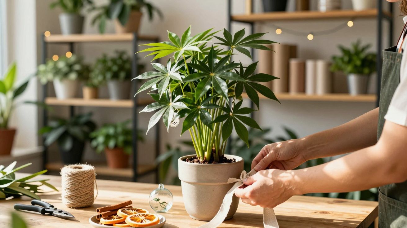 Osoba dekorująca doniczkę z zieloną rośliną na drewnianym stole, w tle półka z roślinami i ozdobami.