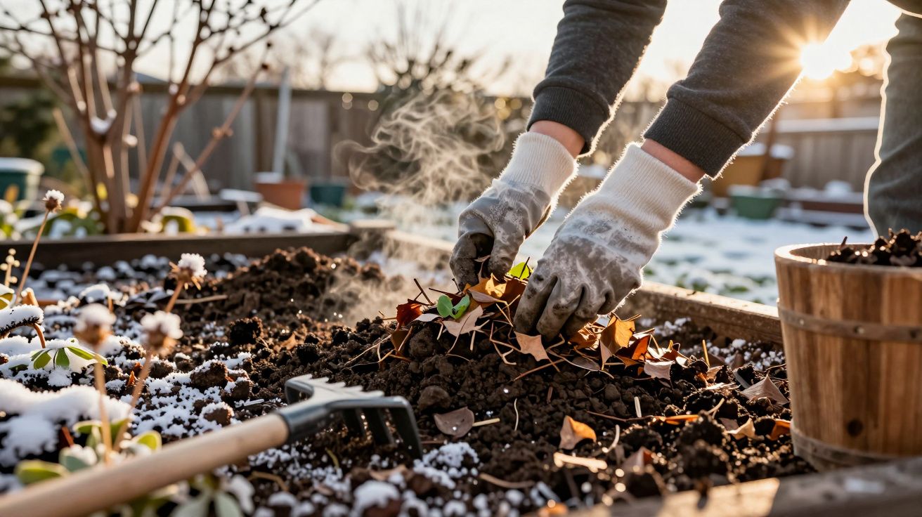 Ręce w rękawiczkach sadzące rośliny w śniegu, para wznosi się z ziemi, otoczenie to zimowy ogród.