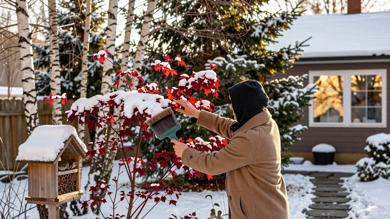 Osoba w zimowym płaszczu usuwa śnieg z czerwonych liści w ogrodzie przed domem.