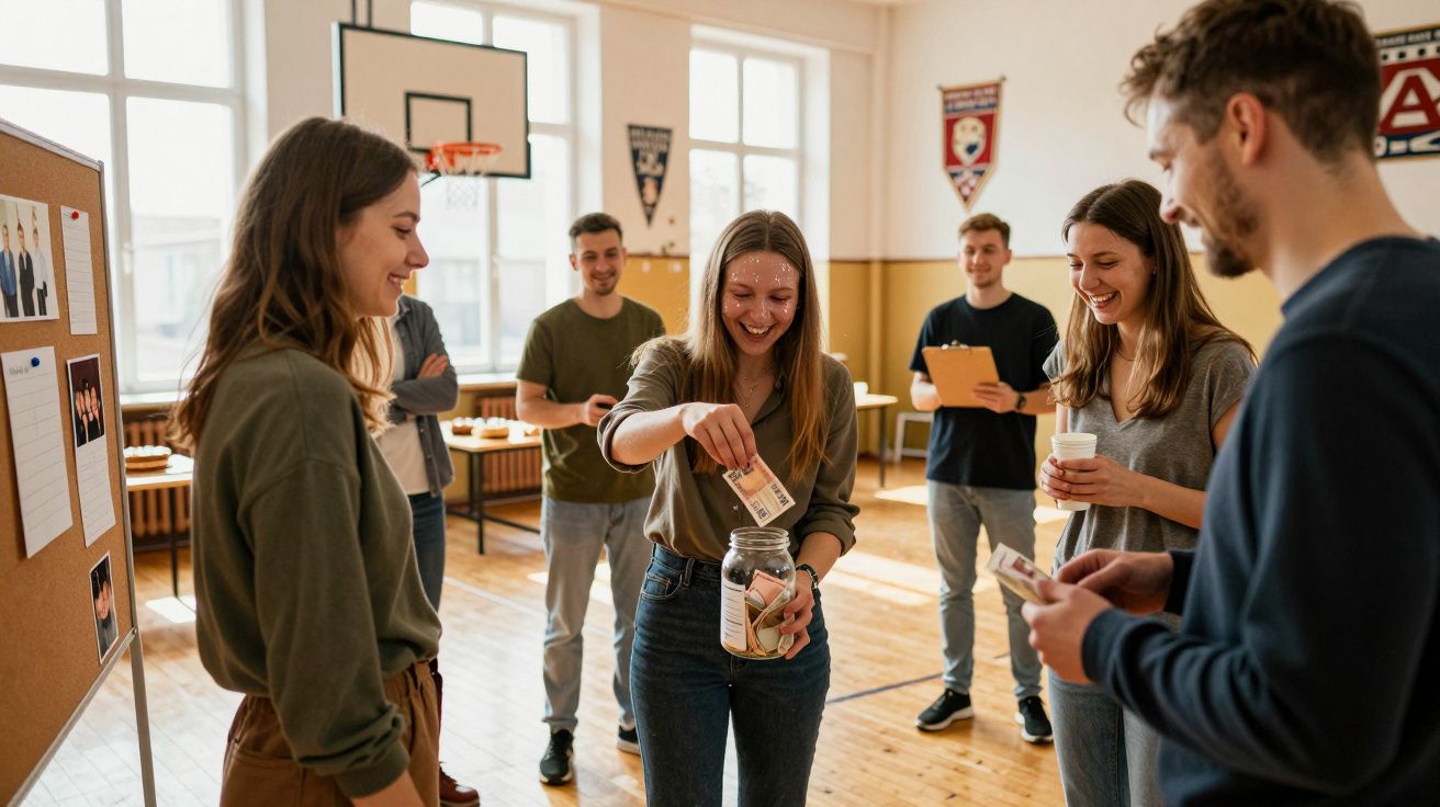 Grupa młodych ludzi w sali gimnastycznej, wkładających pieniądze do słoika podczas zbiórki charytatywnej.