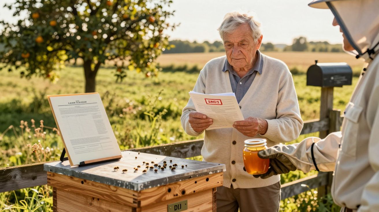 Starszy mężczyzna czyta dokument przy ulu, obok stoi pszczelarz z słoikiem miodu.