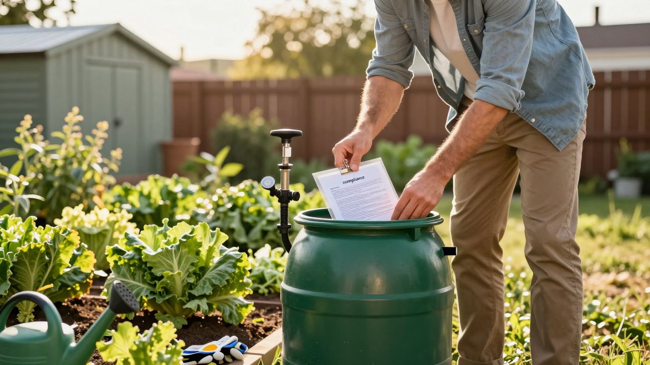Mężczyzna w ogrodzie wkłada dokument do zielonej beczki na wodę. Obok grządka z warzywami, konewka i narzędzia.