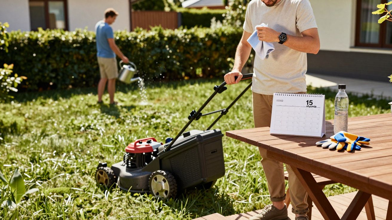 Mężczyzna kosi trawnik przy domu, obok stół z kalendarzem, rękawicami i wodą. W tle osoba podlewająca rośliny.