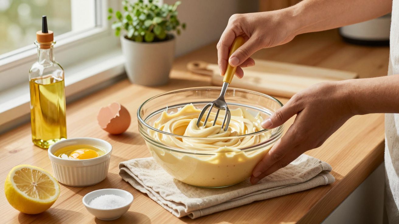 Osoba miesza majonez w misce na blacie kuchennym, obok składniki jak jajko, cytryna, olej i sól.