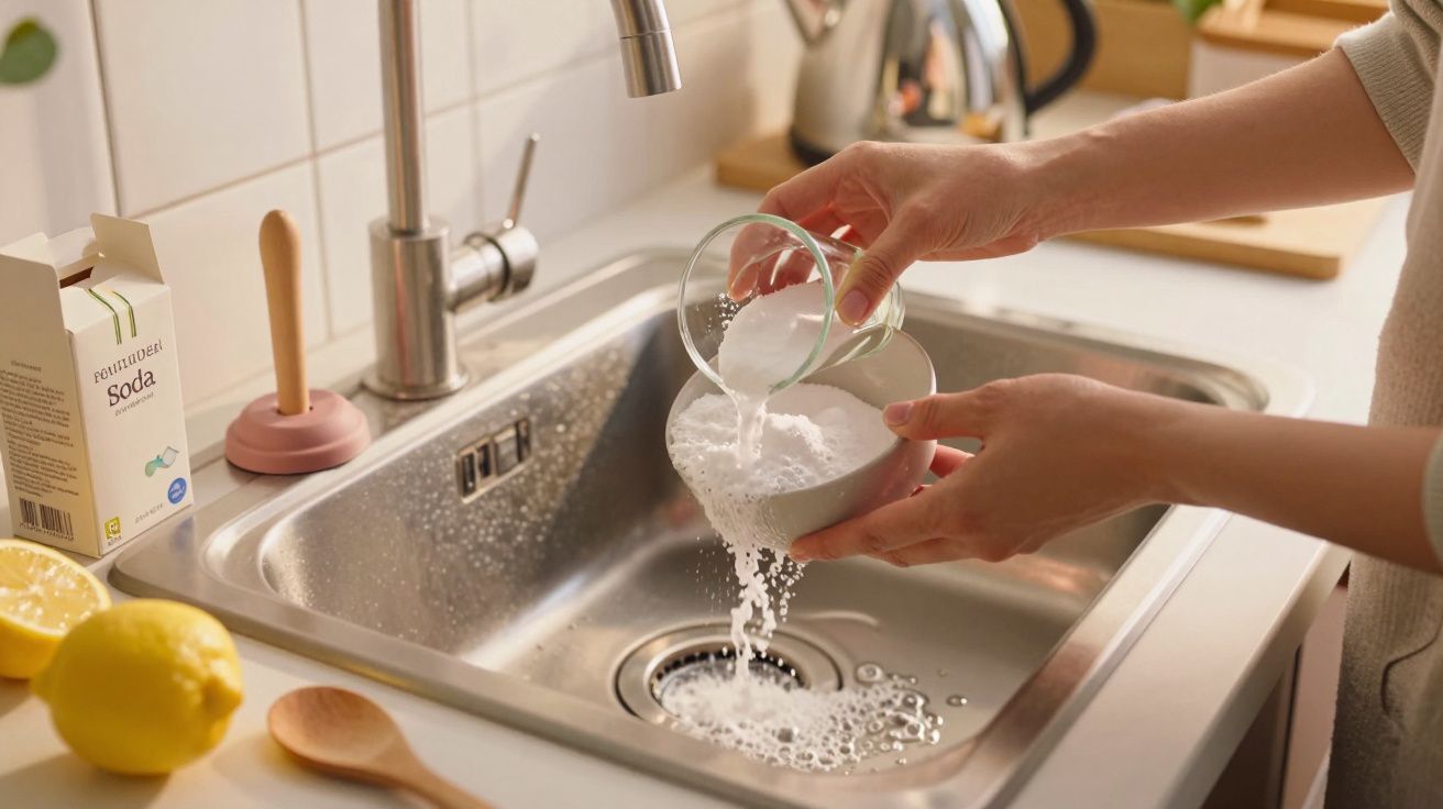 Osoba wsypująca sodę do miski w zlewie, obok cytryny i opakowania sody na blacie kuchennym.